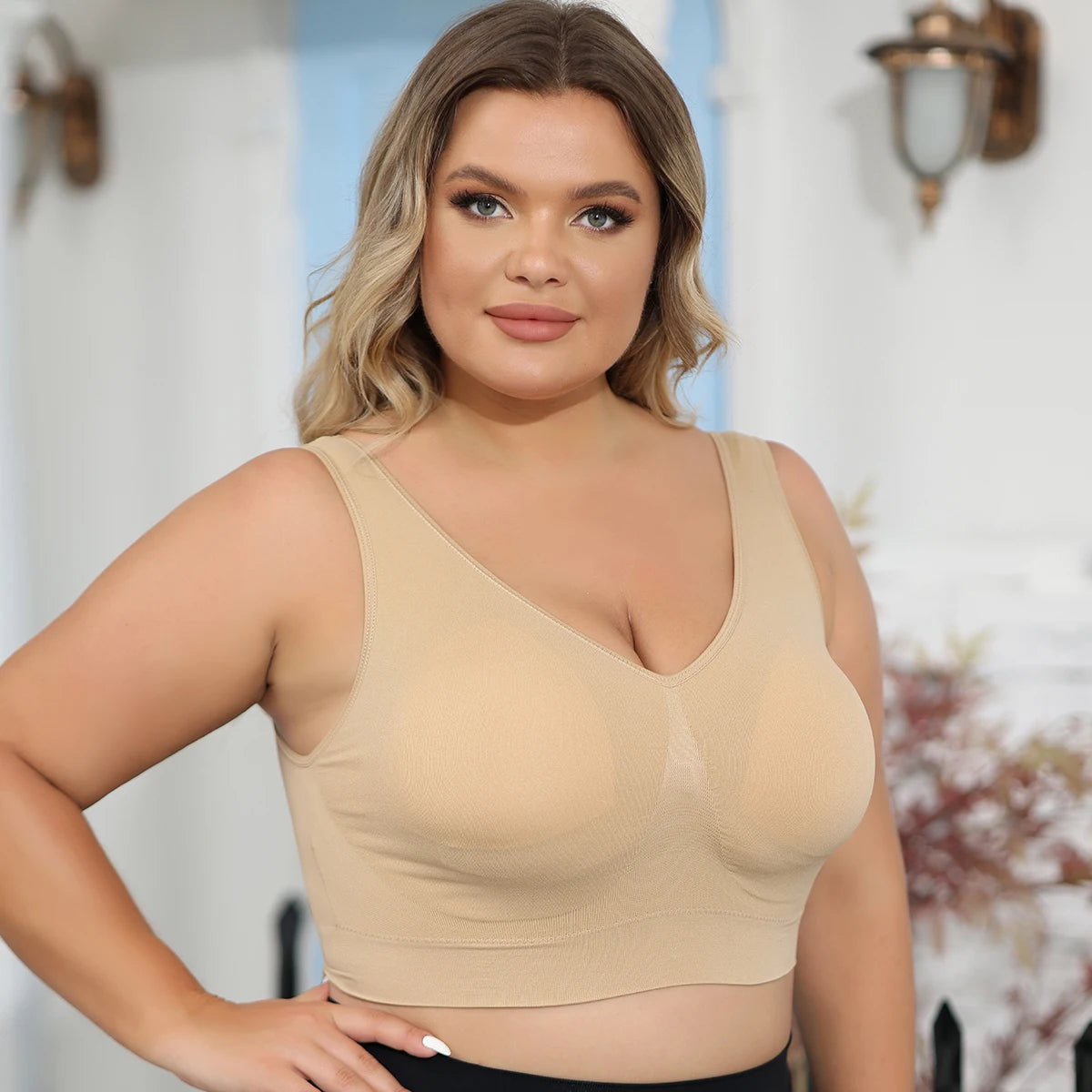Women's Wide Strap Polyamide Blend Longline Bra with V Neck