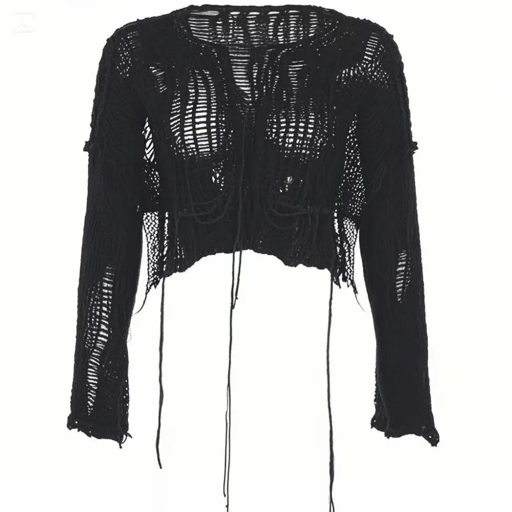 Women's Cotton-Polyester Hollow-Out Cropped Long-Sleeve Loose Knit Pullover Sweater for Layered Outfits