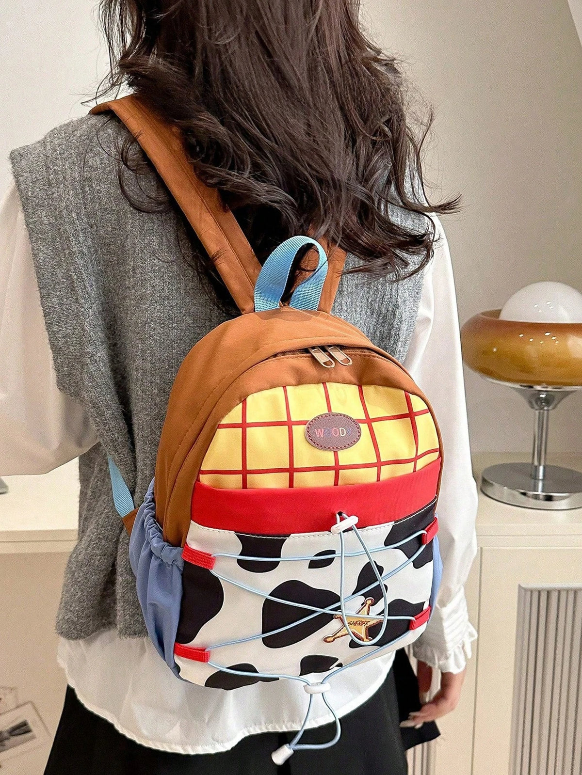 Women's Cow Pattern Mini Backpack with Front Cord and Shoulder Straps