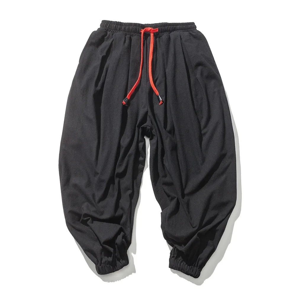 Men's Loose-Fit Cotton-Linen Harem Pants with Elastic Waist and Gathered Cuffs