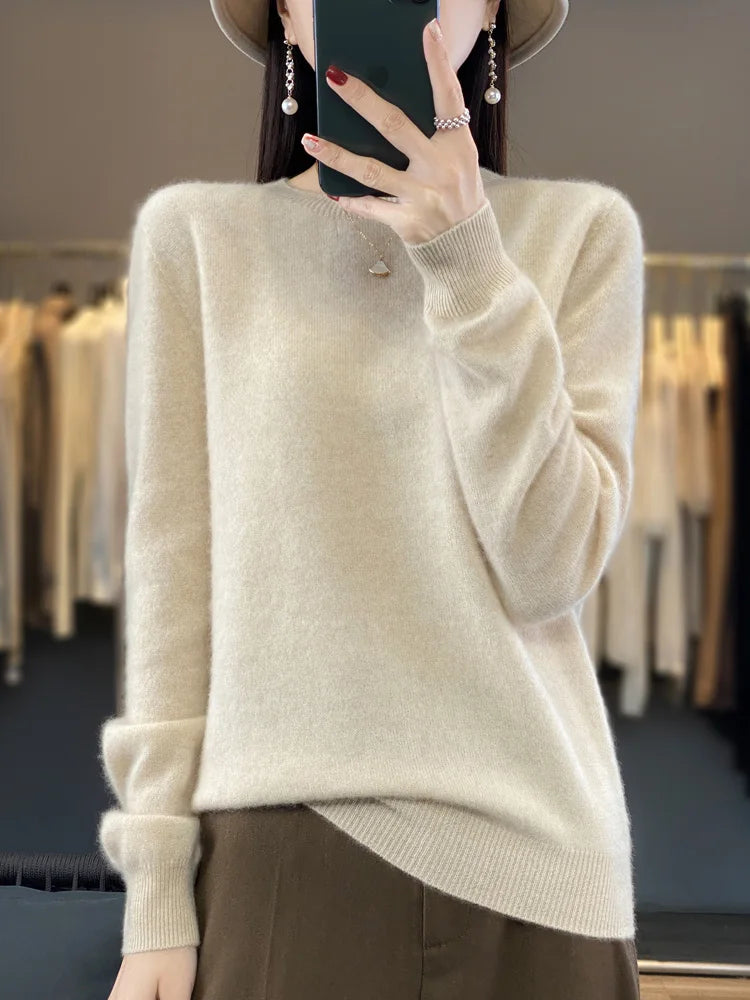 Women's Fluffy Round Neck Long Sleeve Sweater Casual Knit Layer