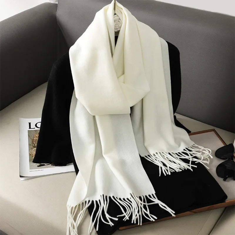 Solid Long Rectangular Scarf with Decorative Fringe Trim