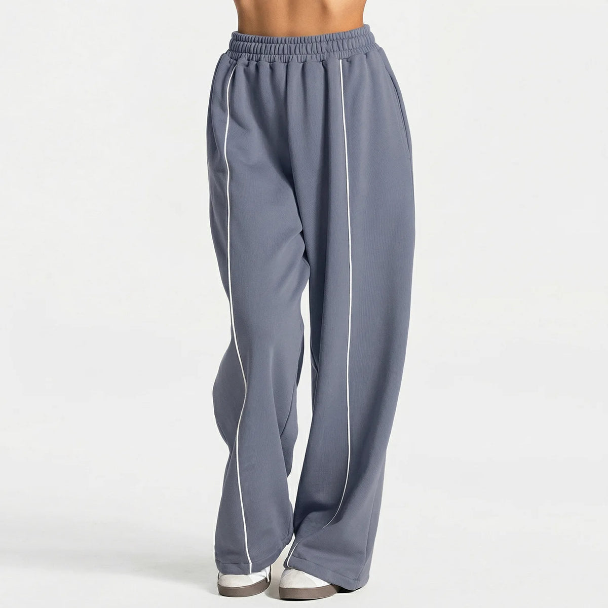 Women's Wide Leg Workout Pants with Double Waistband and Contrast Piping