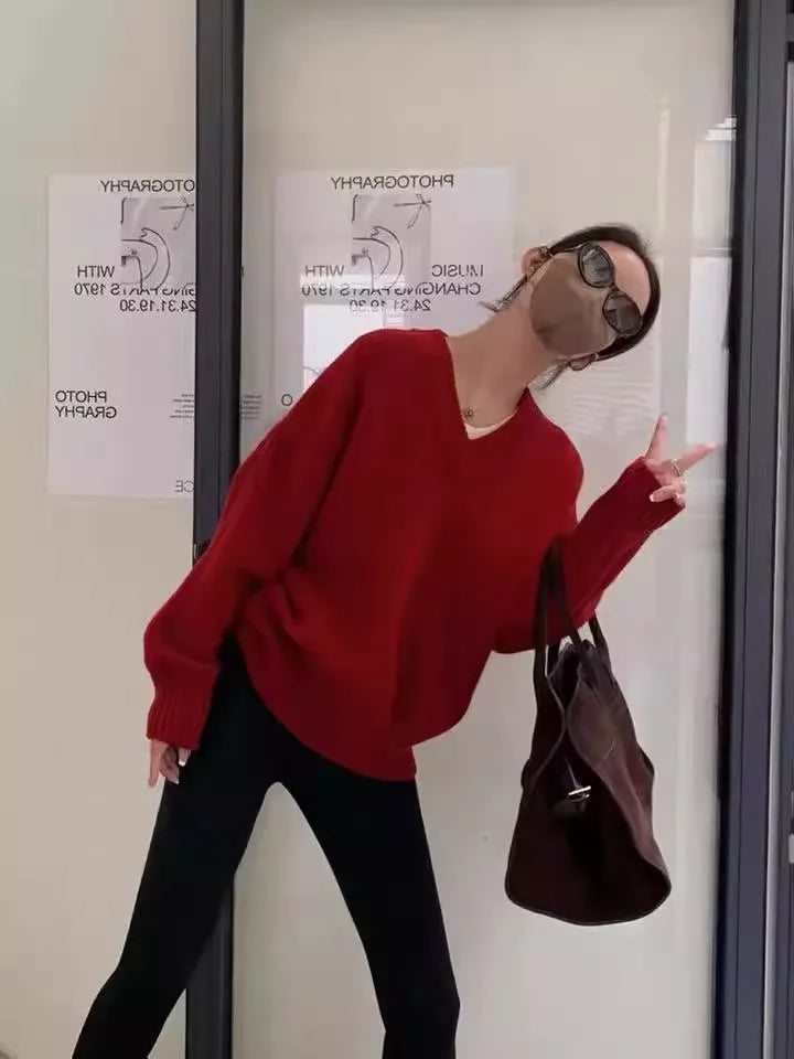 V-neck 100 pure wool sweater for women in autumn and winter, loose and thick sweater, long-sleeved knitted top