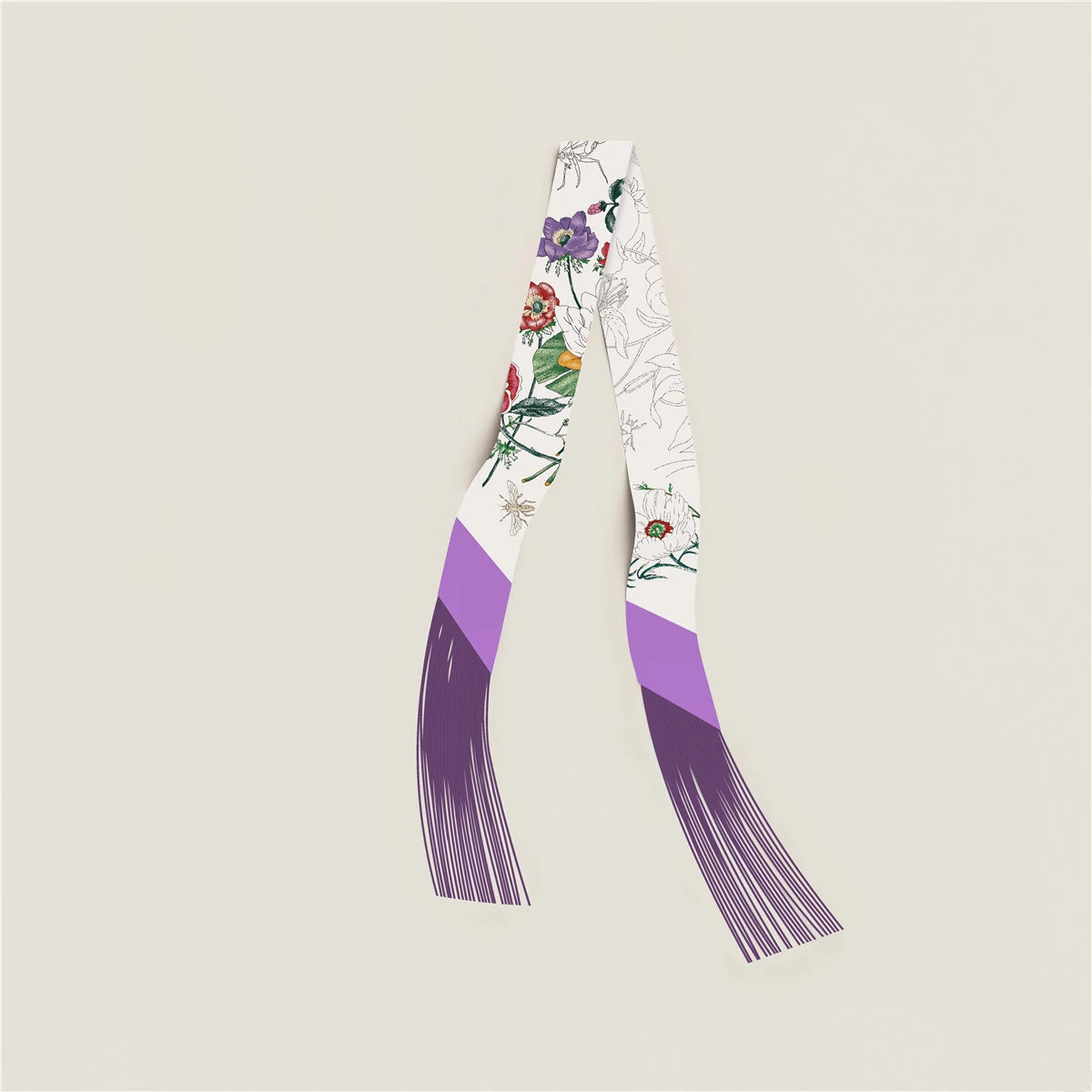 Printed Narrow Ribbon Scarf with Decorative Fringed Ends