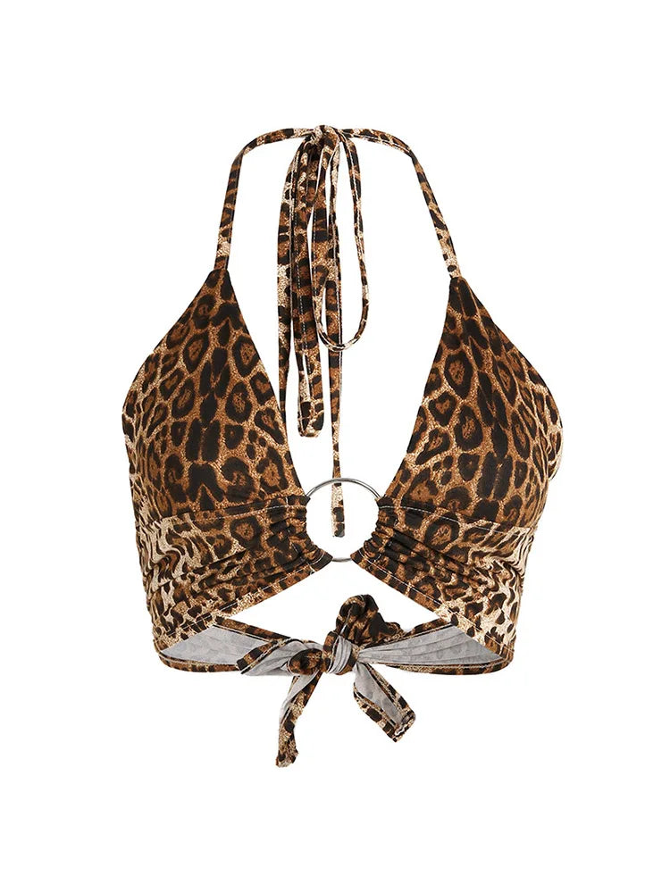 Women's Leopard Print Crop Top with Halter Ties and Metal Ring Detail