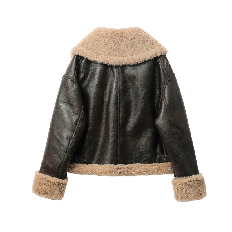 Brown Contrast-Trim Short Zip-Front Jacket