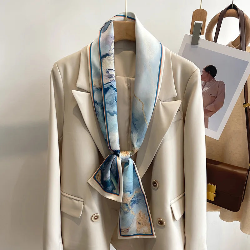 Printed Long Narrow Scarf with Decorative Ribbon Shape