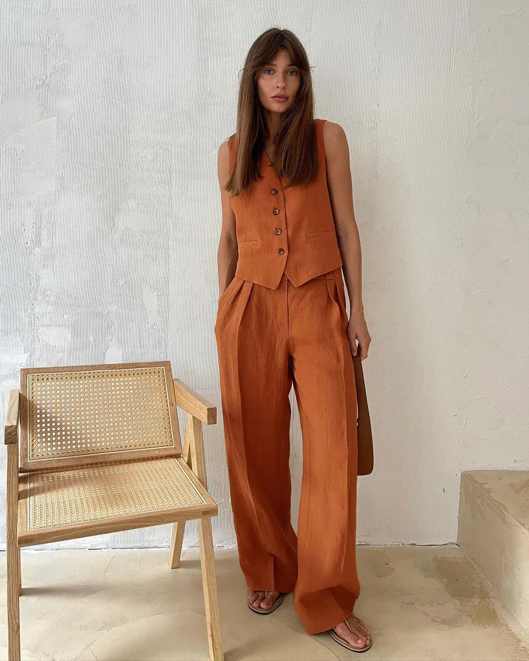 Women's Button Front Vest and Wide Leg Pants Set