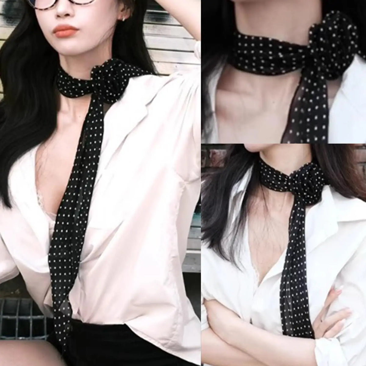 Printed Narrow Long Scarf with Pointed Ribbon Ends