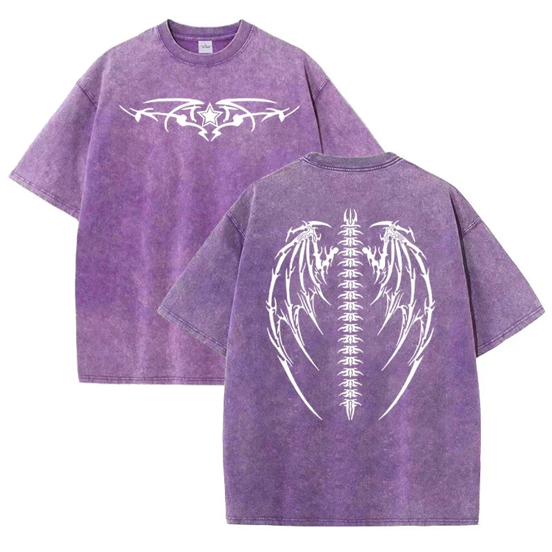 Gothic Tribal Wing Spine Print Vintage Washed Gray Y2K Casual Graphic T Shirt