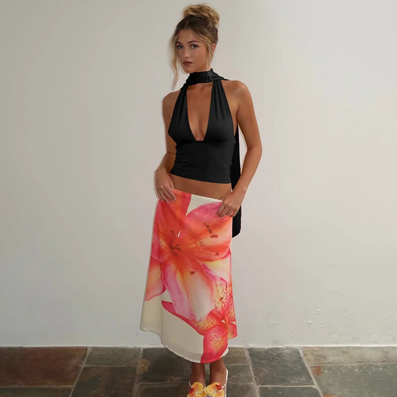 Women's Scarf Tie Polyester Blend Halter Crop Top with Deep V Neck