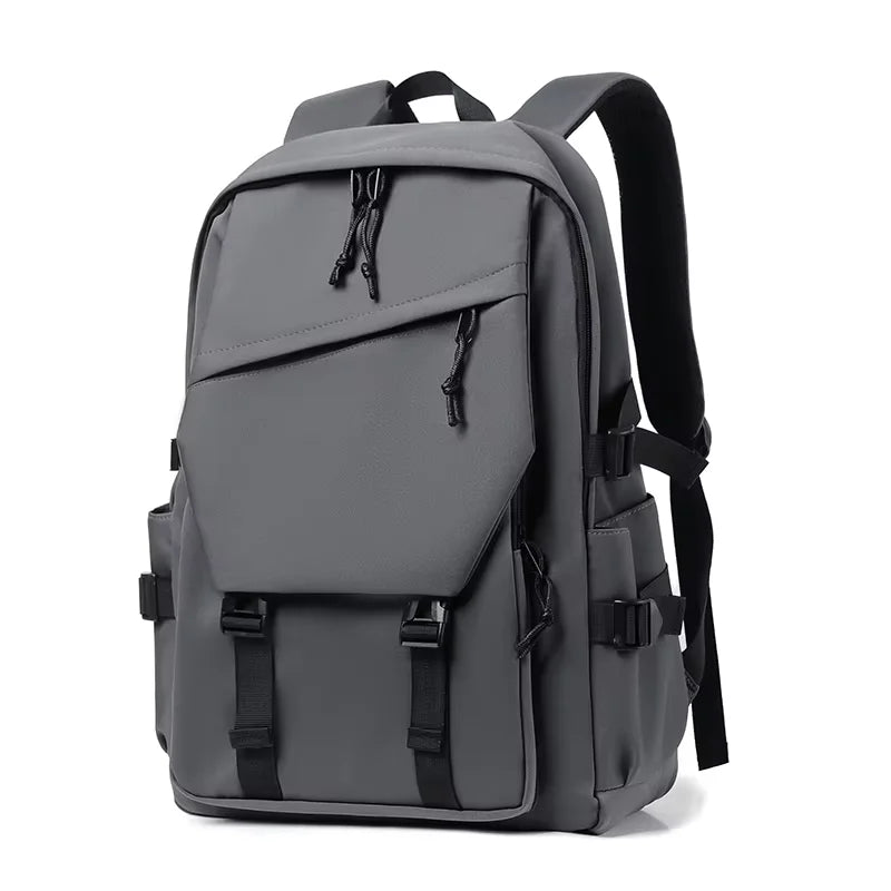 Plain Laptop Backpack with Multiple Pockets and Side Buckle Strap Details