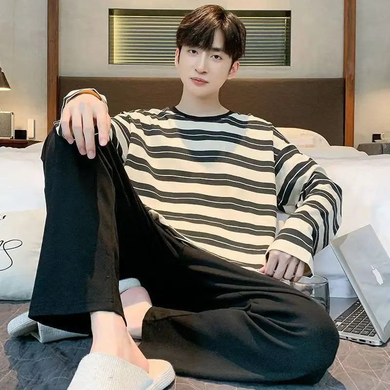 Men's Printed Long Sleeve Crew Neck Top and Pants Pajama Set