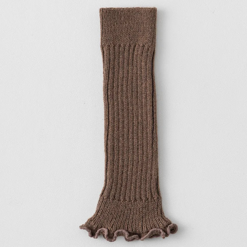 Solid Ribbed Calf Leg Warmers with Ruffled Edge Trim
