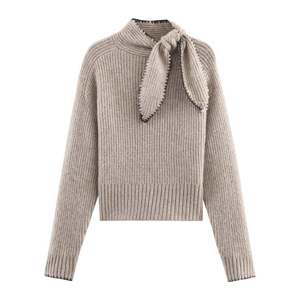 Women's Tie Neck Long Sleeve Knit Sweater Casual Knit Layer