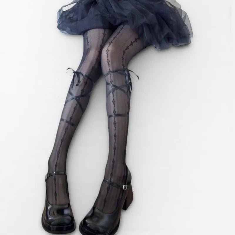 Sheer Lace Up Stockings with Decorative Ribbon Tie Details