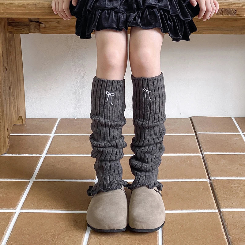Children's Ribbed Leg Warmers with Embroidered Bow and Ruffled Cuffs