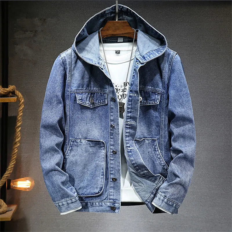 Men's Hooded Button-Front Denim Jacket with Pockets