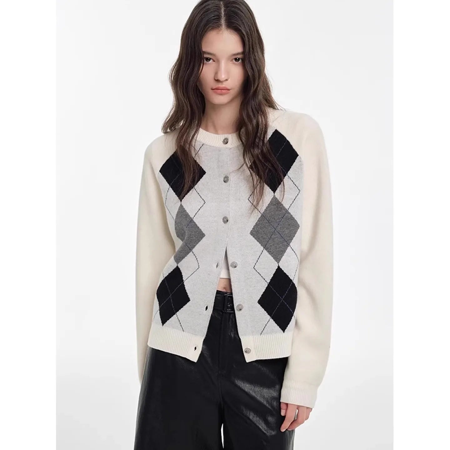 Autumn diamond-shaped cardigan women 100 pure cashmere sweater European high-end color-blocking knitted sweater coat
