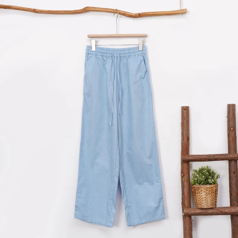 Women's Cotton-Linen Loose Straight-Leg Full-Length Pants with Drawstring Waist and Side Pockets