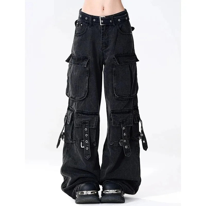 Women's Wide Leg Cargo Pants with Straps and Multiple Pockets