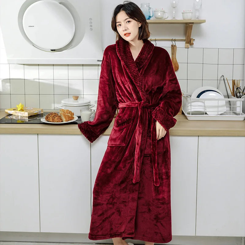Fleece Lapel Collar Long Sleeve Tie Waist Homewear Bathrobe