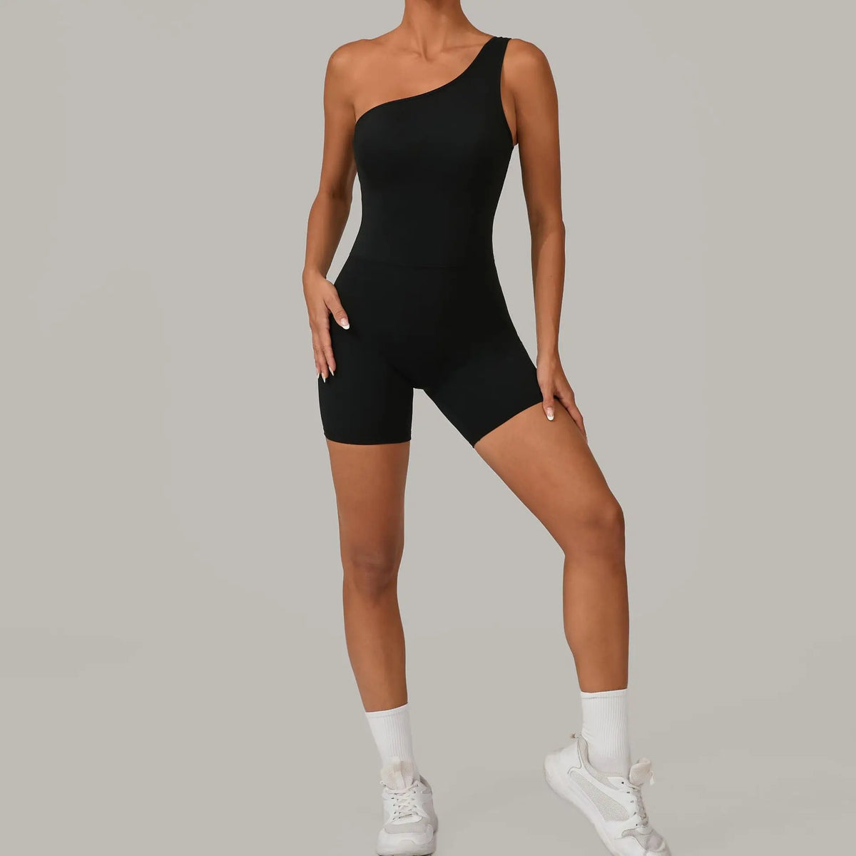 Women's One Shoulder Nylon Blend Workout Romper with Fitted Short Legs