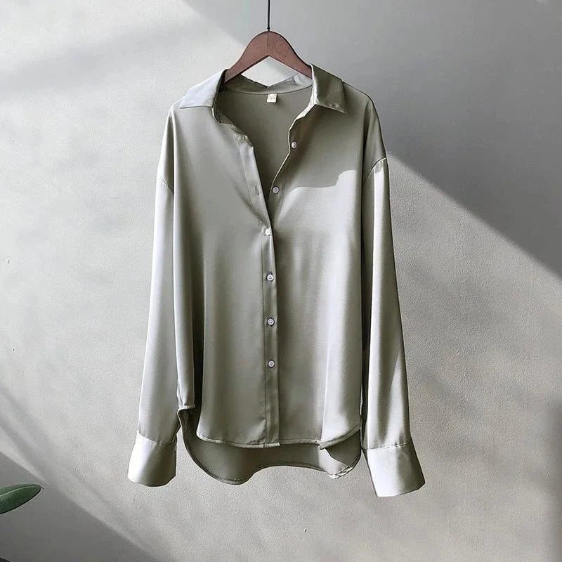 Women's Satin Look Long Sleeve Button Front Shirt