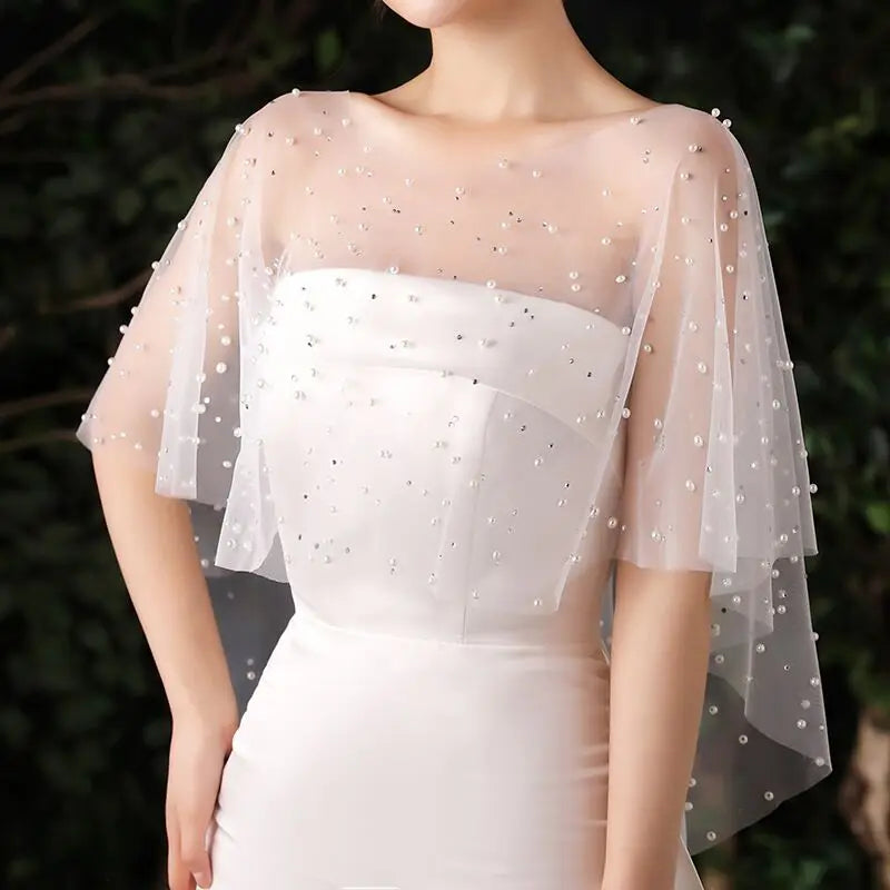 Pearl Beaded Sheer Capelet for Layering over Dresses and Tops
