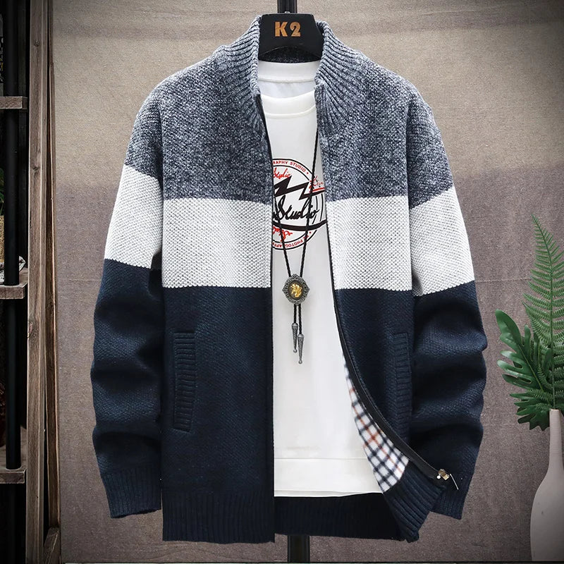 Men's Colour Block Zip Front Knit Cardigan