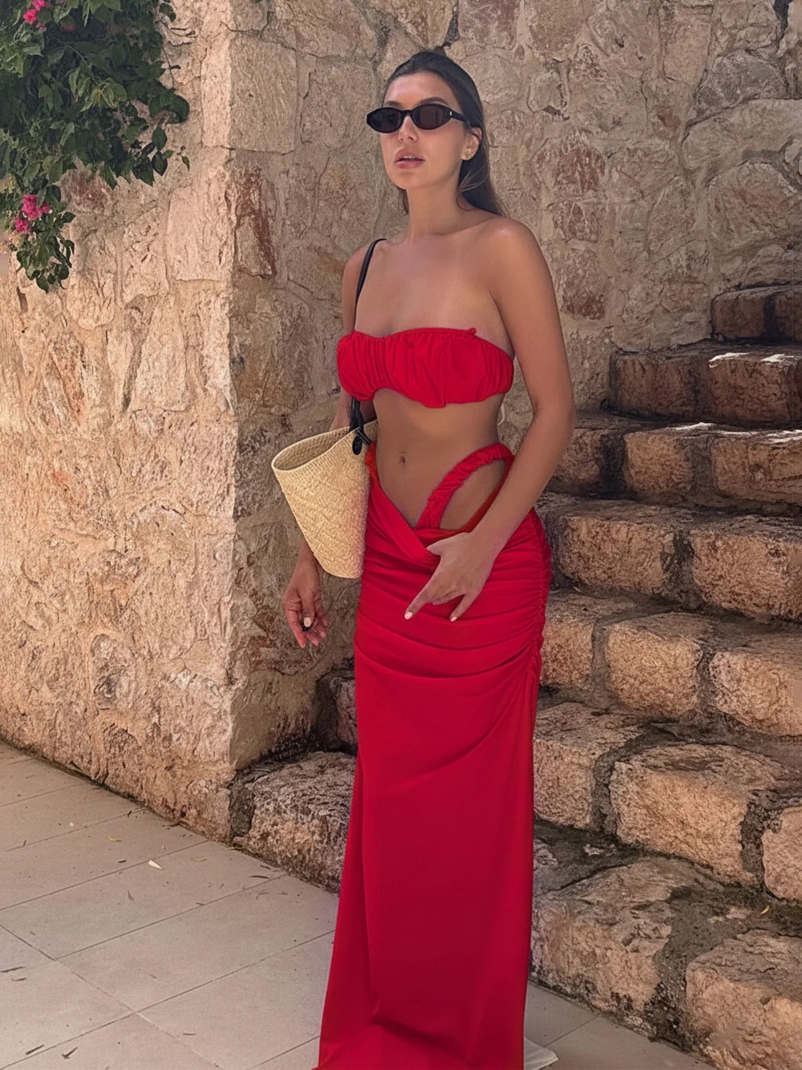 Ruched Bandeau Bikini with Maxi Skirt