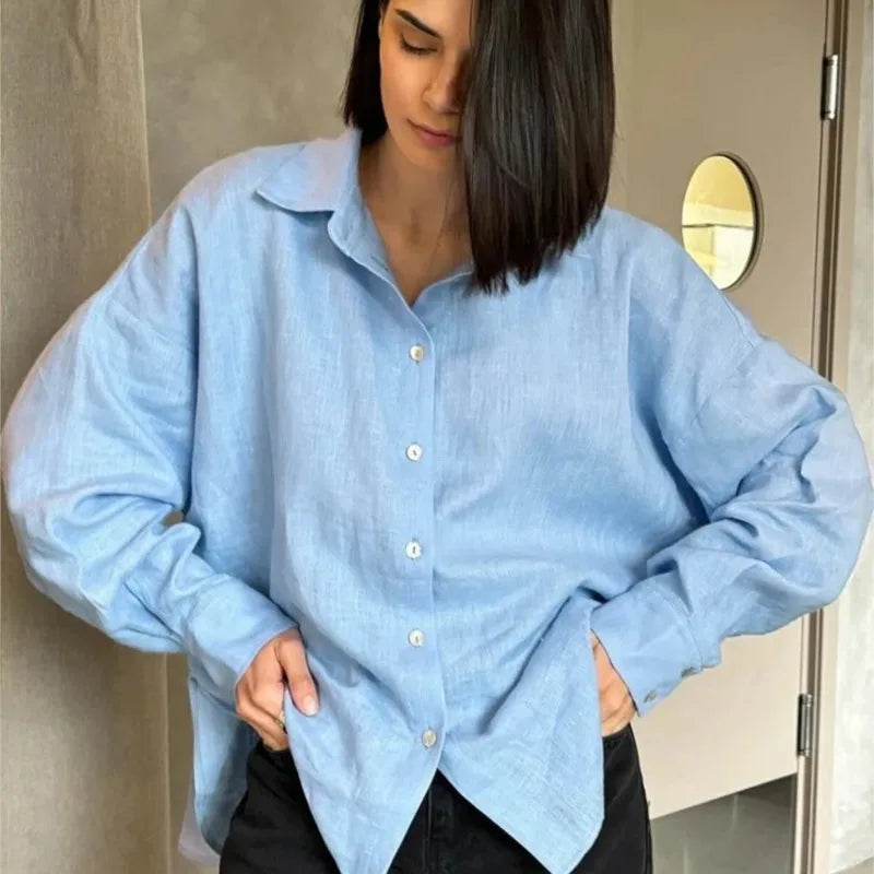 Women's Loose Collared Long Sleeve Button Front Shirt