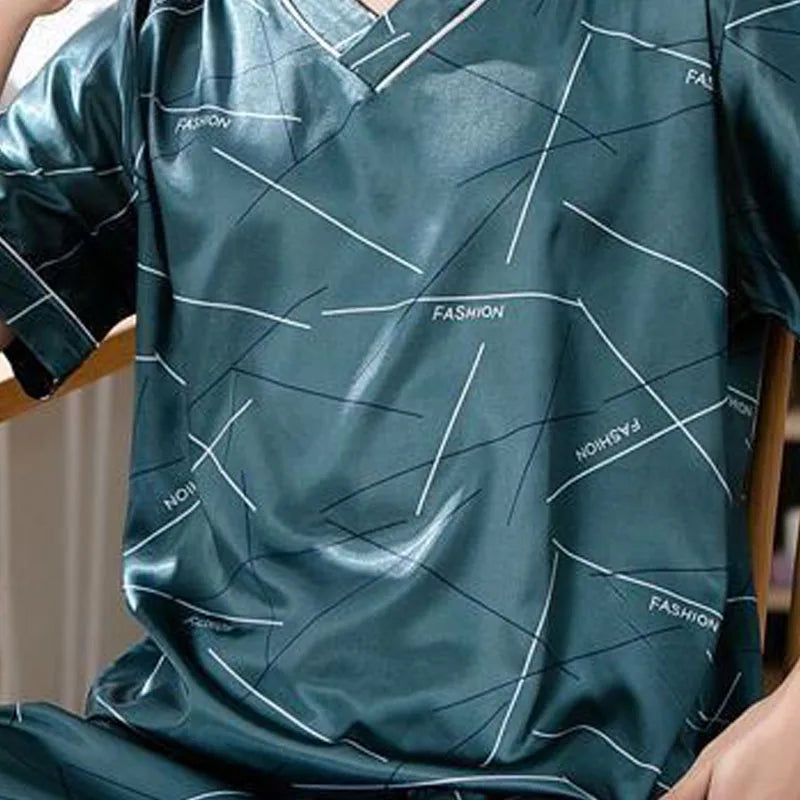 Men's Printed Short Sleeve Button Neck Top and Shorts Pajama Set