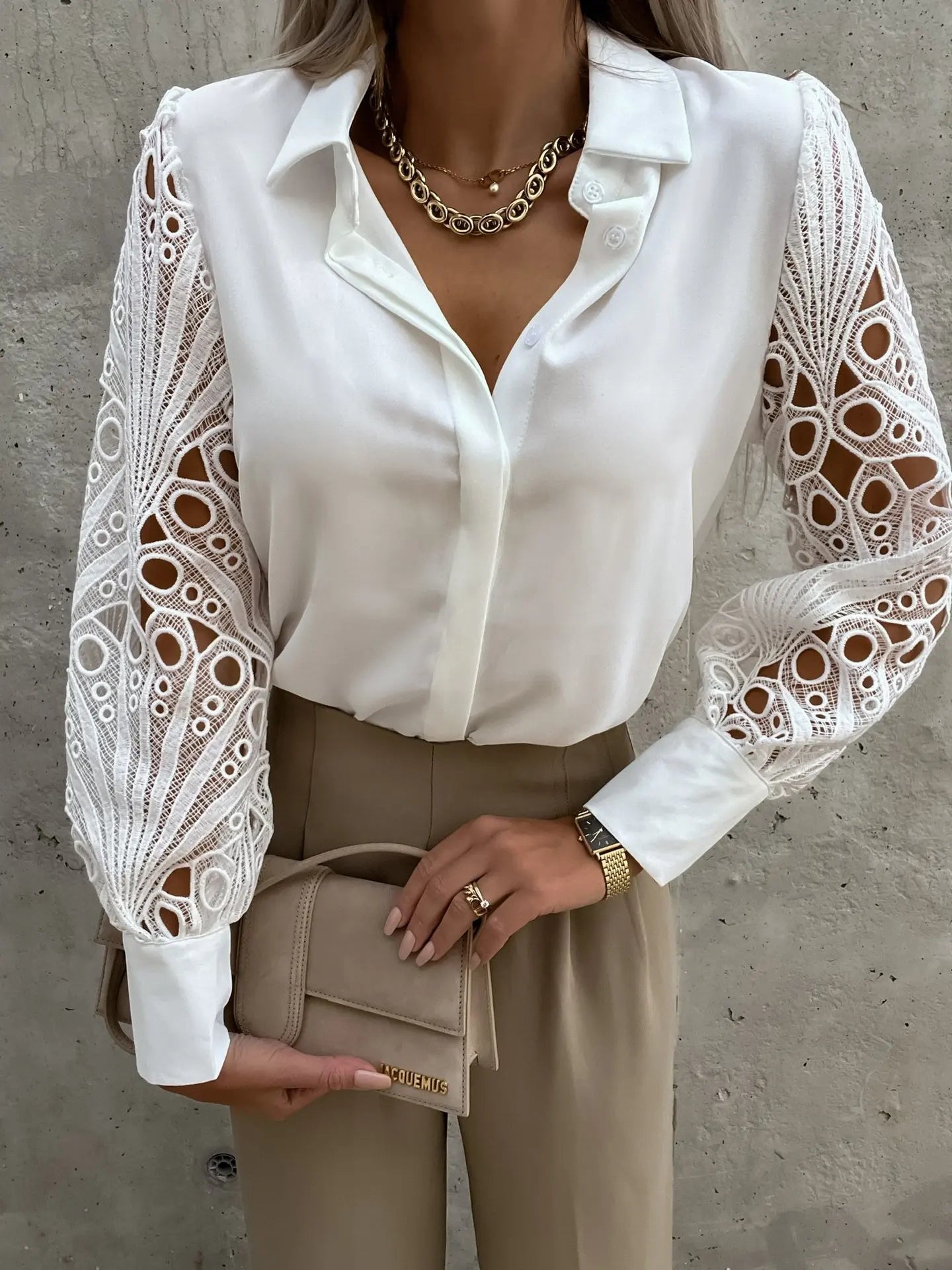 Women's Lace Panel Long Sleeve Button Front Blouse