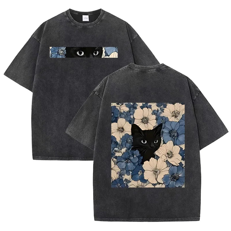 Vintage Washed Black Cat Floral T Shirt Double Sided Print Streetwear Casual Tee