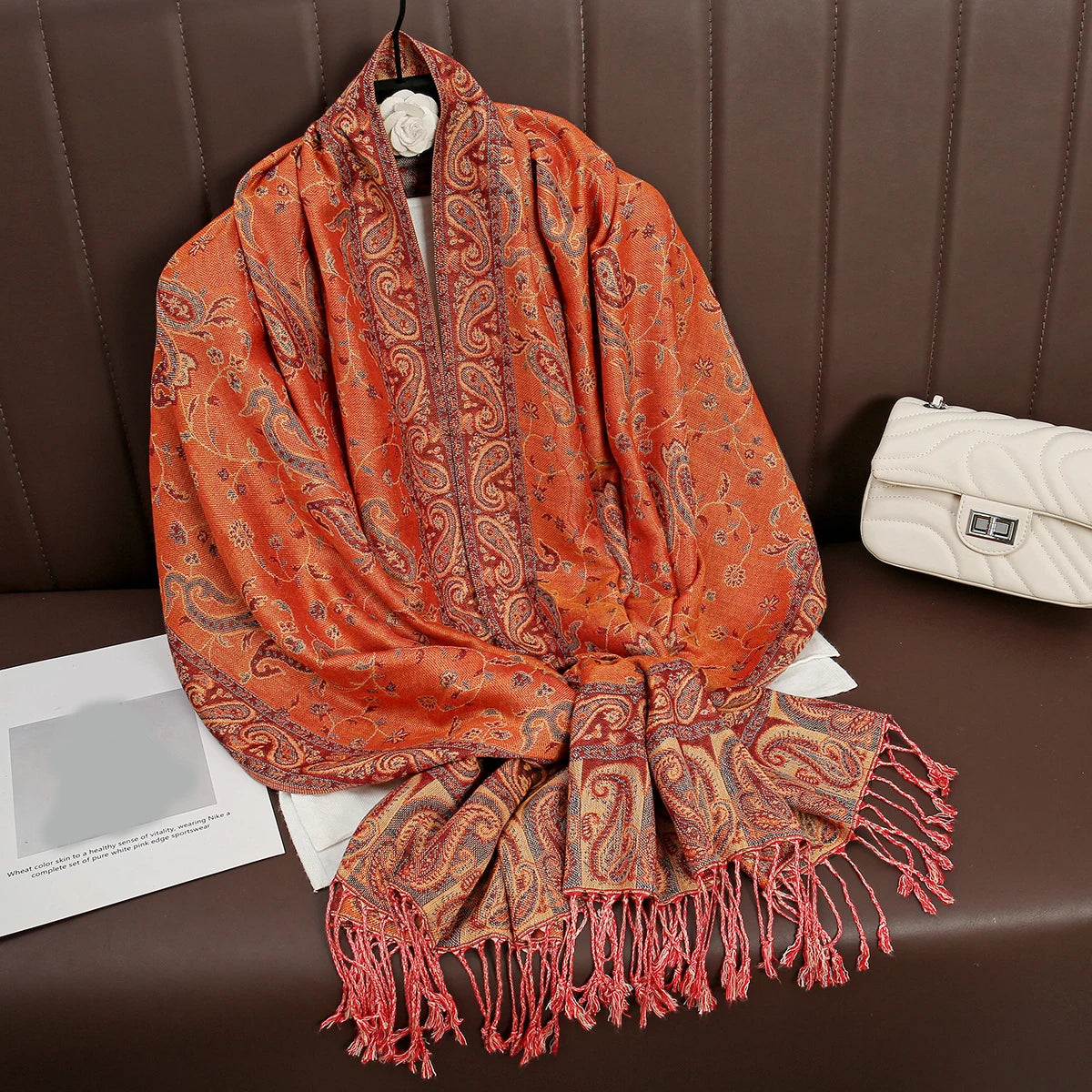 Paisley Floral Print Long Scarf with Fringed Ends