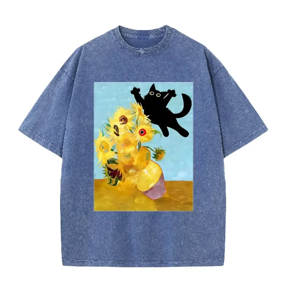 Van Gogh Sunflower Black Cat Parody Print Vintage Washed Purple Casual Art T Shirt