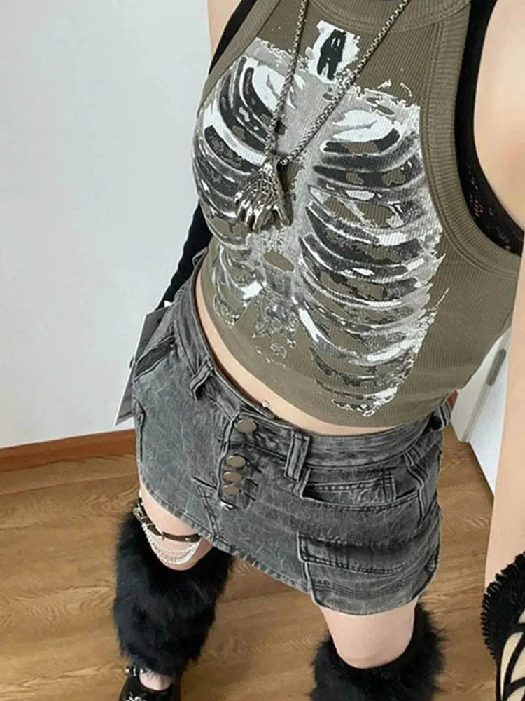 Women's Skeleton Ribcage Print Cotton Blend Crop Tank with Contrast Binding