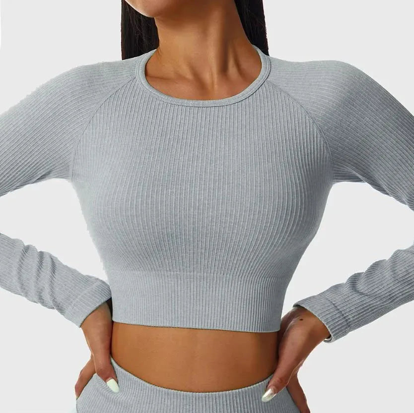 Women's Contrast-Stripe Long-Sleeve Workout Crop Top