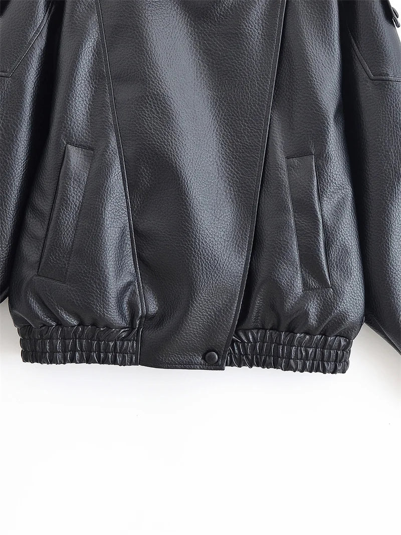 Women's Stand Collar Faux Leather Jacket for Layered Outfits