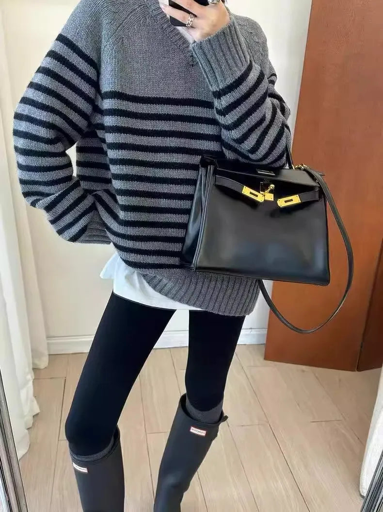 High-end V-neck striped 100% wool knitted sweater loose pullover sweater women wool base layer