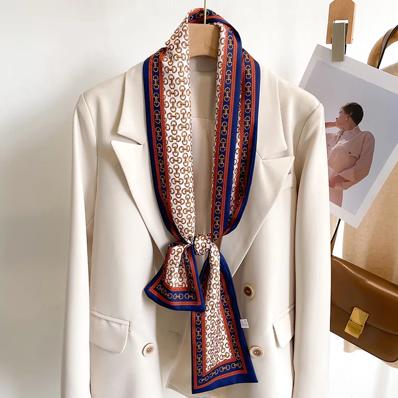 Printed Long Narrow Scarf with Decorative Ribbon Shape