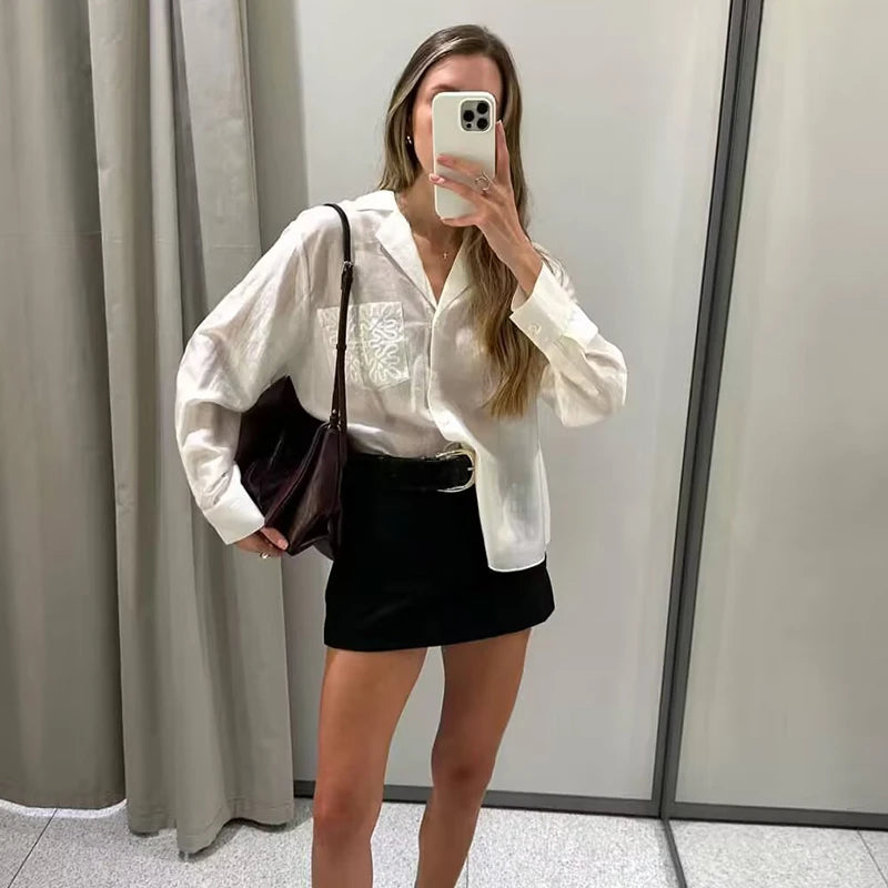 Women's Notched Collar Long Sleeve Pocket Shirt