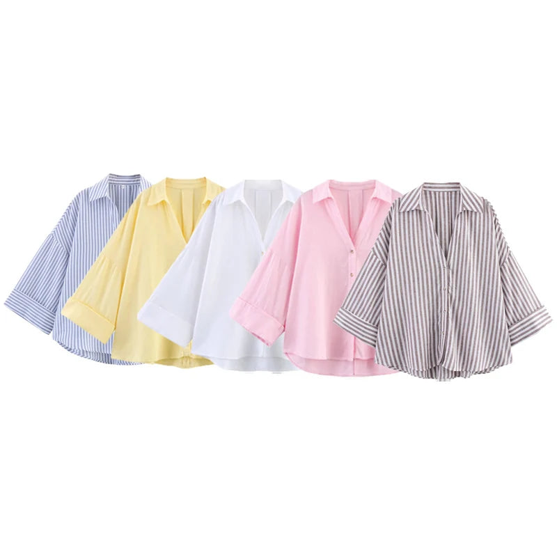 Women's Striped Wide Sleeve Cropped Button Front Shirt