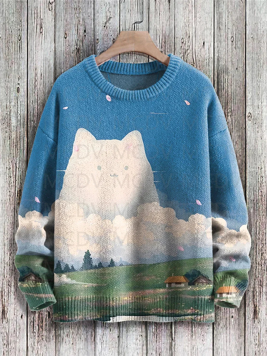 Japanese Art-Print Crewneck Knit Sweater