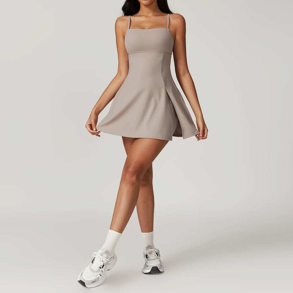 Women's Thin Strap Nylon Blend Athletic Dress with Skirt and Inner Shorts
