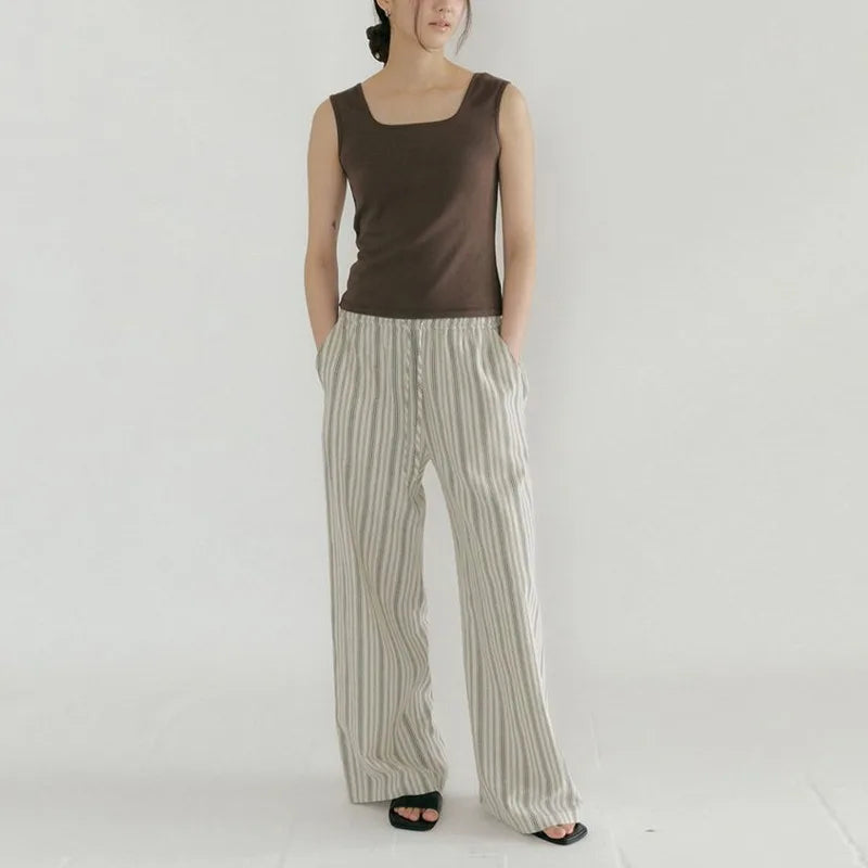 Women's Striped Loose Straight-Leg Pants with Drawstring Waist and Practical Side Pockets