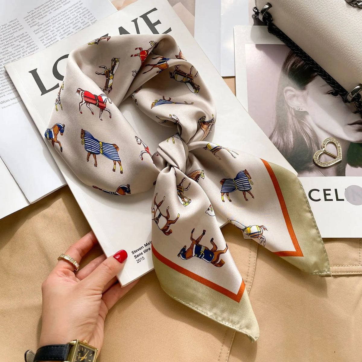 Chain Print Square Scarf with Decorative Border Designs