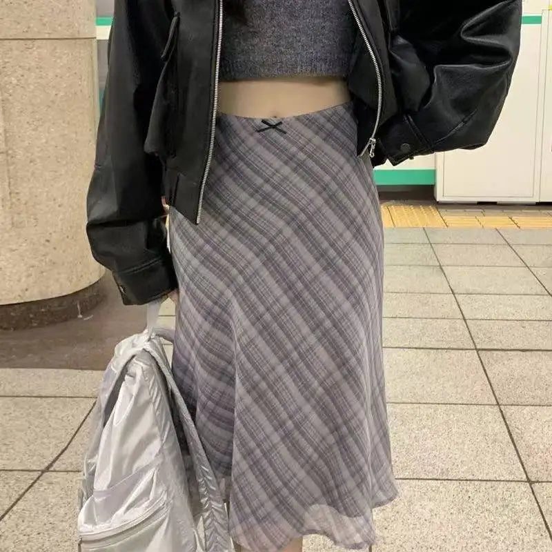Women's Polyester High-Waist Plaid A-Line Midi Skirt for Casual Everyday Summer Outfits
